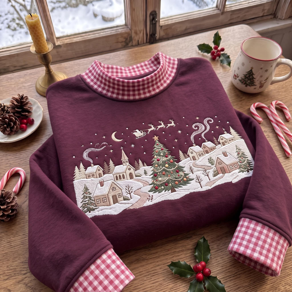 Christmas Village gingham mock Neck HFN Sweatshirt, Embroidered Winter Wonderland Crewneck, Santa Sleigh Snowy Village Holiday Sweatshirt