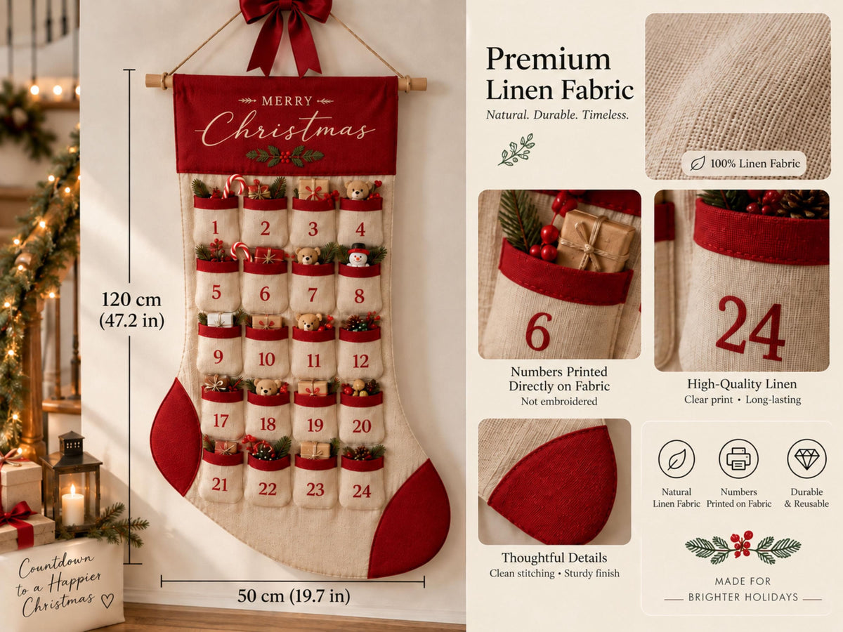 Reusable Christmas Advent Calendar HG, Personalized Name Canvas Wall Hanging with 24 Large Pockets