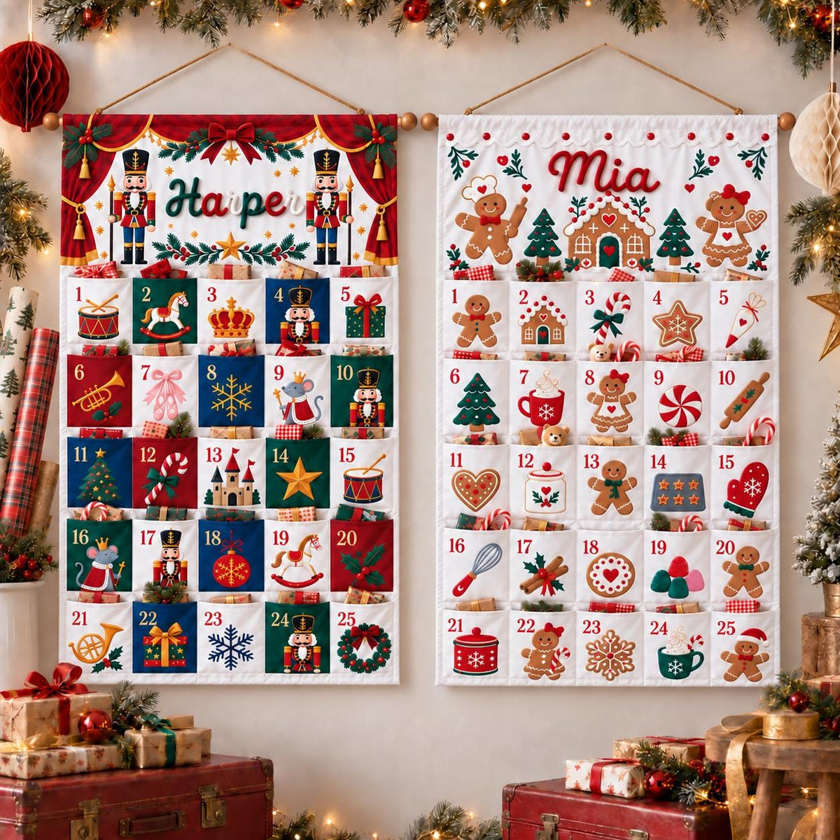 Personalized Reindeer Advent Calendar HG, Christmas Countdown Calendar with 25 Pockets, Custom Name Fabric Wall Hanging, Holiday Gifts for Kids