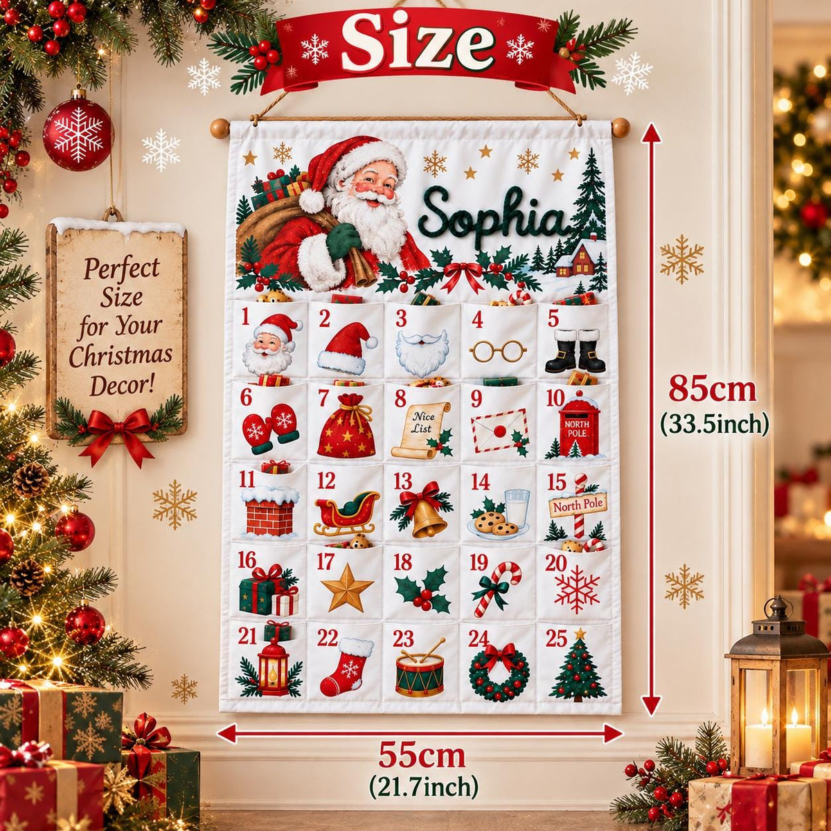 Personalized Reindeer Advent Calendar HG, Christmas Countdown Calendar with 25 Pockets, Custom Name Fabric Wall Hanging, Holiday Gifts for Kids