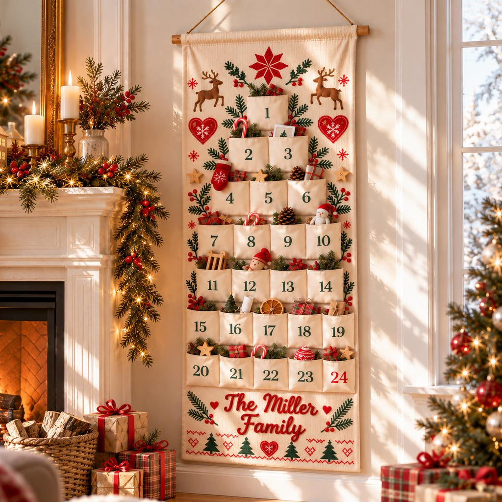 Personalized Advent Calendar HG for Kids, Custom Name 24 Pocket Christmas Countdown, Sibling Holiday Tradition, Fillable Christmas Pockets