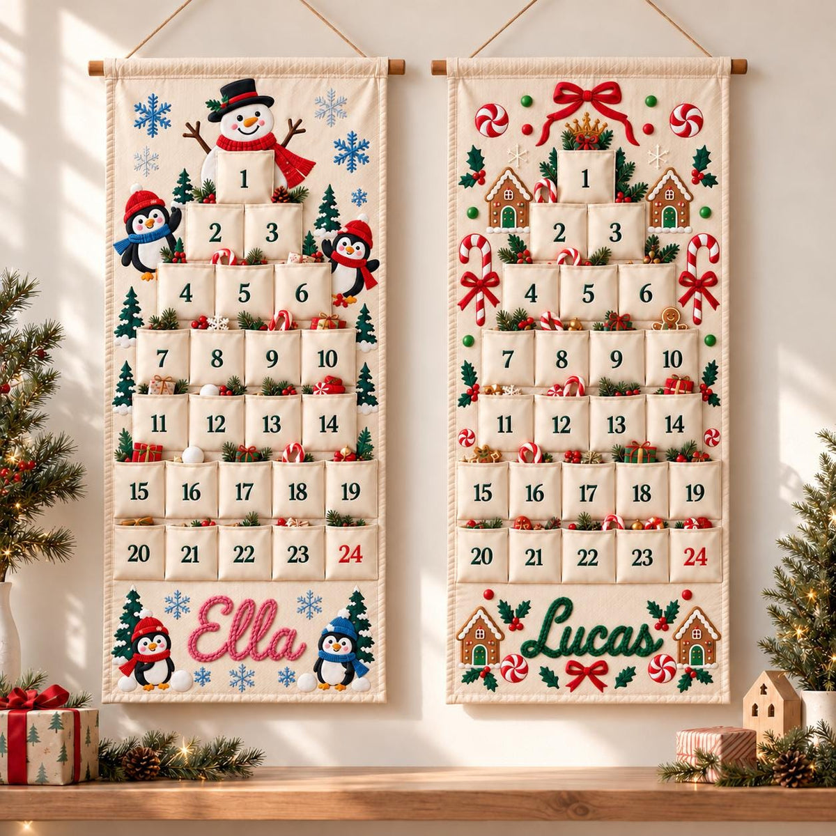 Personalized Advent Calendar HG for Kids, Custom Name 24 Pocket Christmas Countdown, Sibling Holiday Tradition, Fillable Christmas Pockets