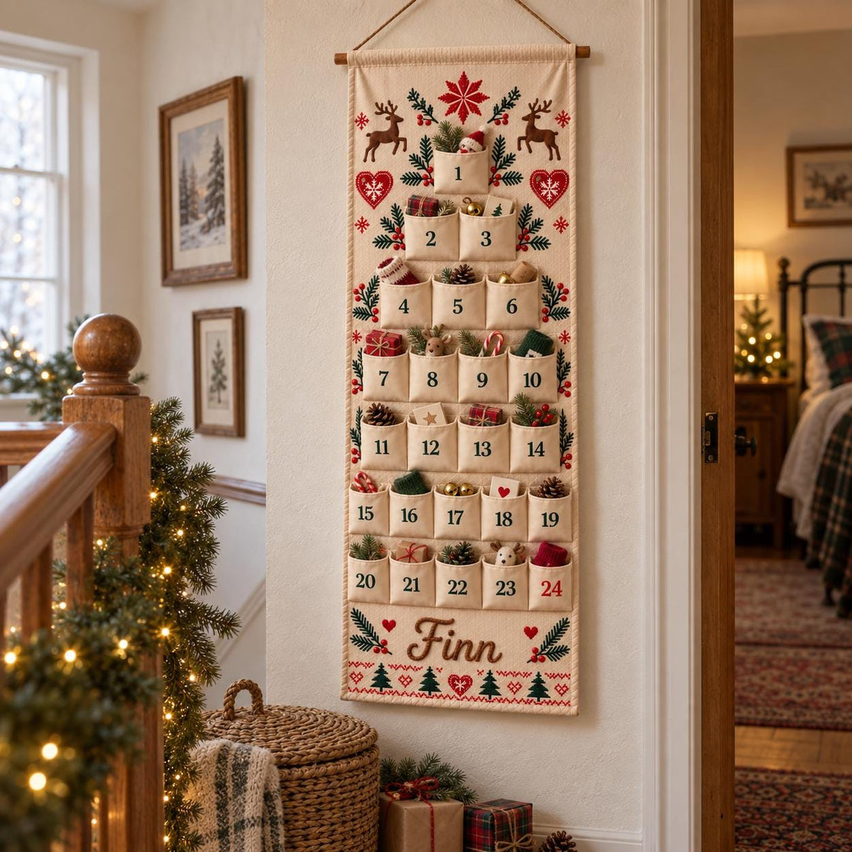 Personalized Advent Calendar HG for Kids, Custom Name 24 Pocket Christmas Countdown, Sibling Holiday Tradition, Fillable Christmas Pockets
