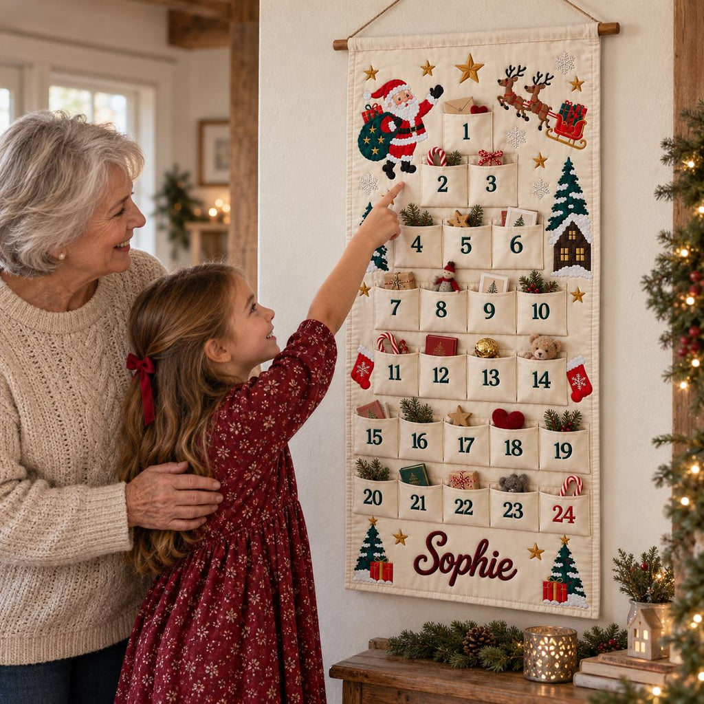 Personalized Advent Calendar HG for Kids, Custom Name 24 Pocket Christmas Countdown, Sibling Holiday Tradition, Fillable Christmas Pockets
