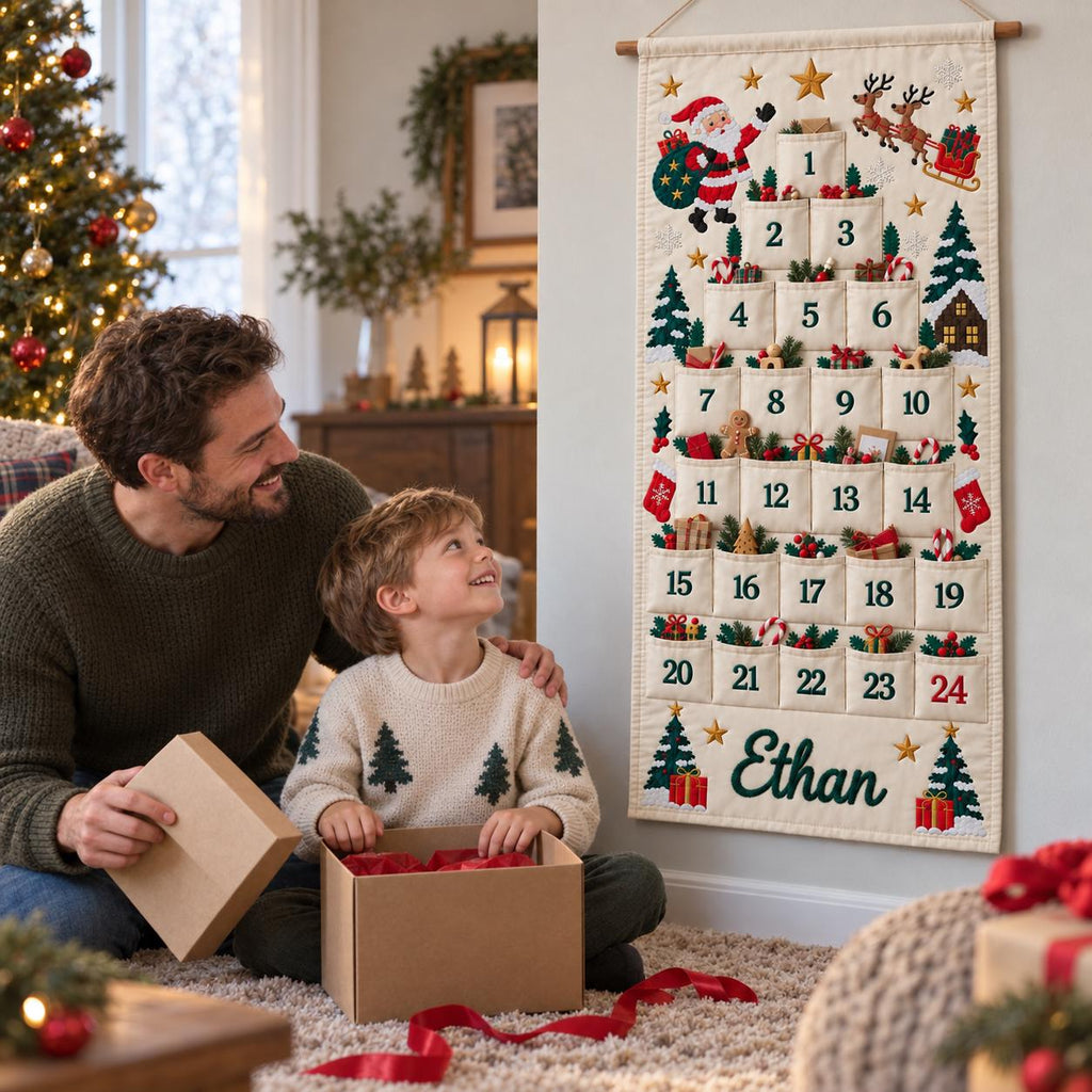 Personalized Advent Calendar HG for Kids, Custom Name 24 Pocket Christmas Countdown, Sibling Holiday Tradition, Fillable Christmas Pockets