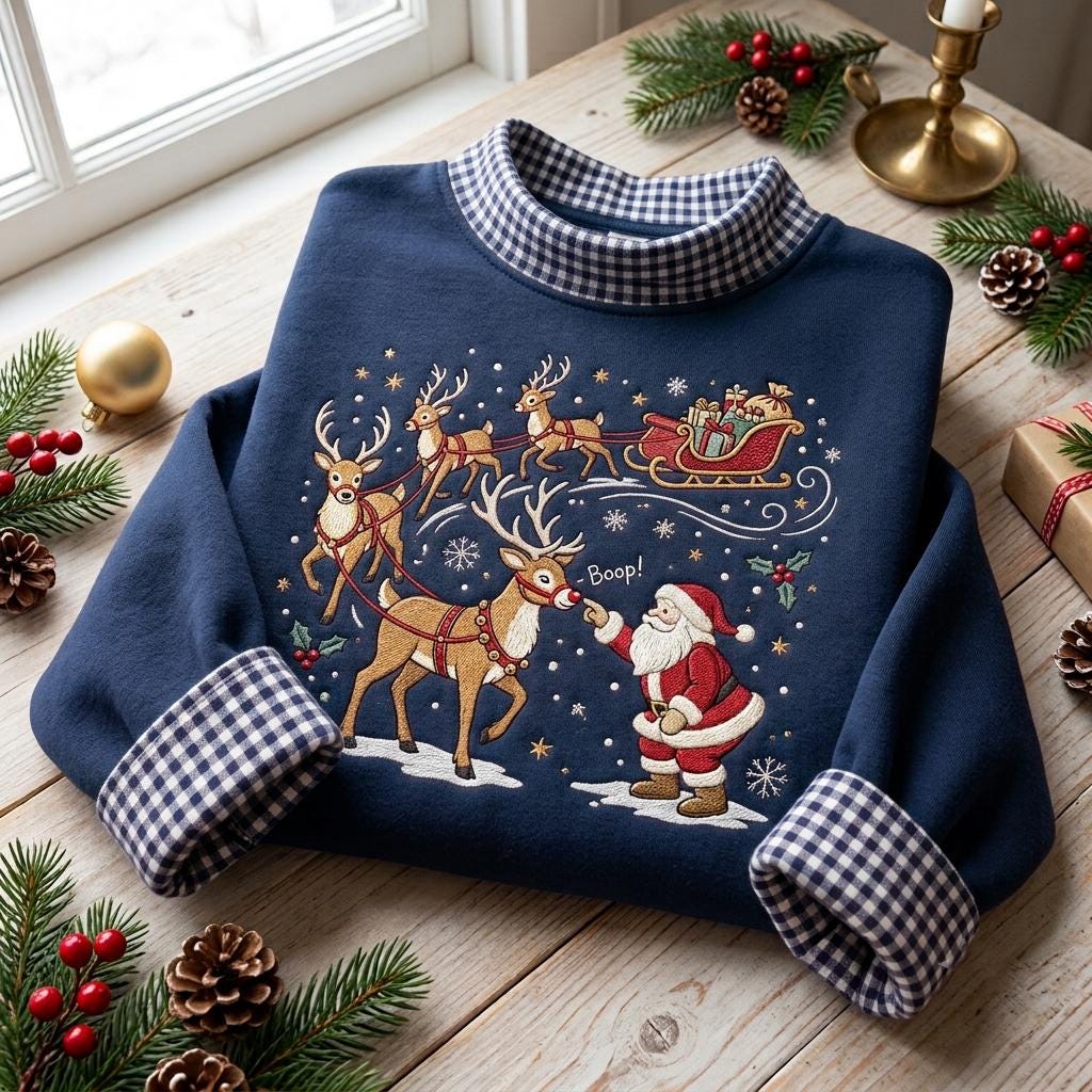 Santa Reindeer gingham mock Neck HFN Sweatshirt, Embroidered Christmas Crewneck, Santa Sleigh Holiday Sweatshirt, Reindeer Christmas Gift