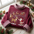 Santa Reindeer gingham mock Neck HFN Sweatshirt, Embroidered Christmas Crewneck, Santa Sleigh Holiday Sweatshirt, Reindeer Christmas Gift