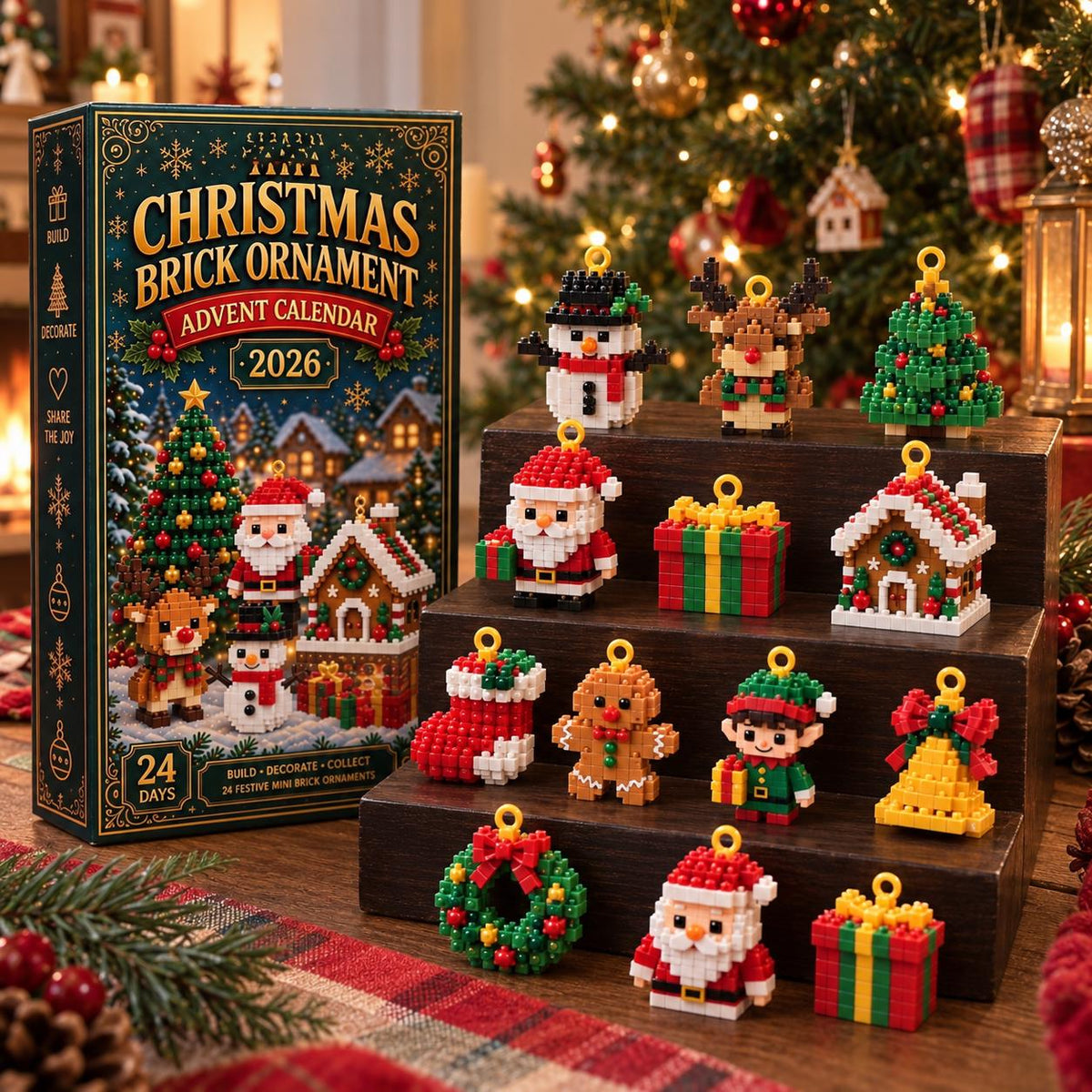 Christmas Advent Calendar HG, 24 Mini Brick Ornaments for Brick Lovers & Families, Buildable Xmas Countdown Gift, Tree Decorations