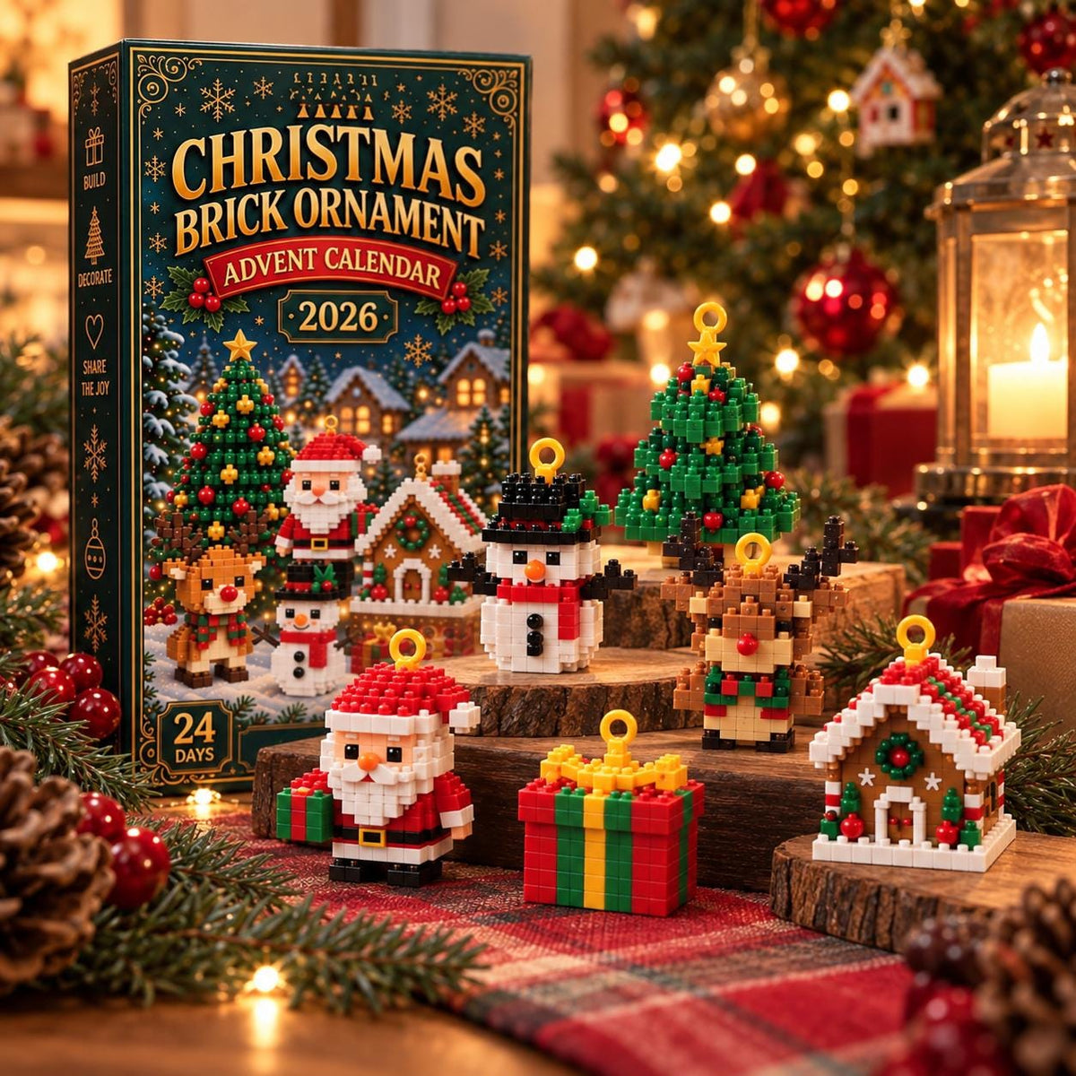 Christmas Advent Calendar HG, 24 Mini Brick Ornaments for Brick Lovers & Families, Buildable Xmas Countdown Gift, Tree Decorations