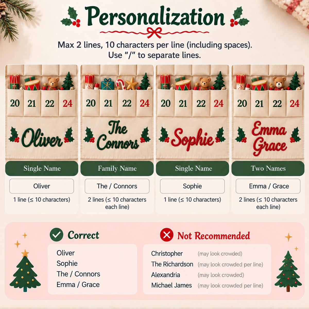 Personalized Advent Calendar HG for Kids, Custom Name 24 Pocket Christmas Countdown, Fabric Hanging Calendar, Sibling Christmas Tradition