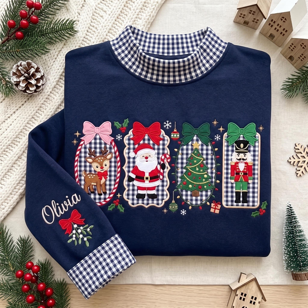 Christmas Gingham Mock Neck HFN Sweatshirt, Personalized Embroidered Holiday Crewneck, Santa Reindeer Nutcracker , Custom Name Sleeve