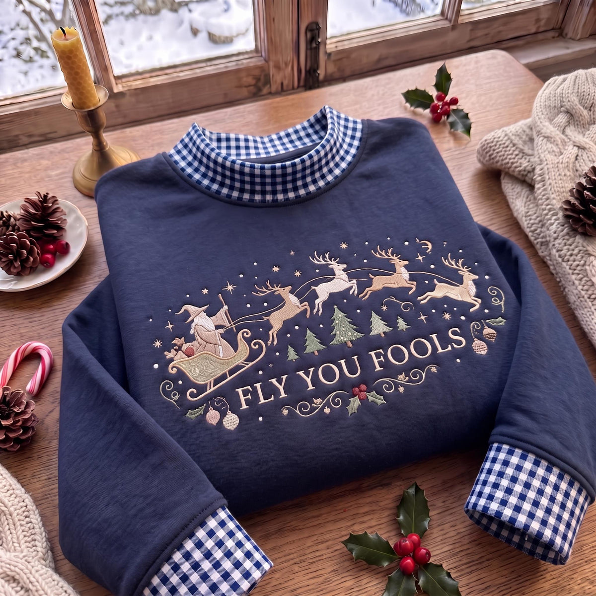 Fly You Fools gingham mock Neck HFN Sweatshirt, Santa Sleigh Embroidered Christmas Pullover, Reindeer Holiday Crewneck, Festive Winter Gift