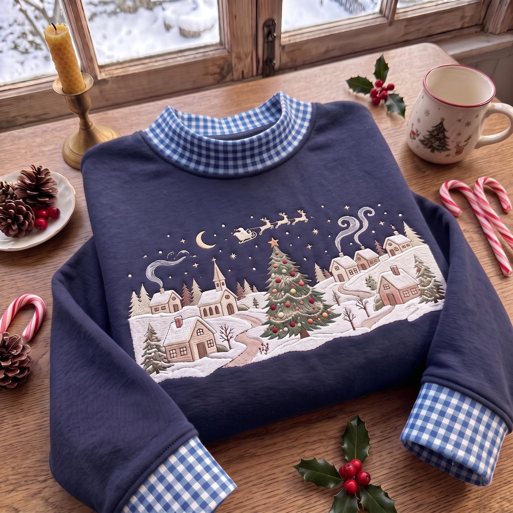 Christmas Village gingham mock Neck HFN Sweatshirt, Embroidered Winter Wonderland Crewneck, Santa Sleigh Snowy Village Holiday Sweatshirt