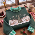 Christmas Village gingham mock Neck HFN Sweatshirt, Embroidered Winter Wonderland Crewneck, Santa Sleigh Snowy Village Holiday Sweatshirt