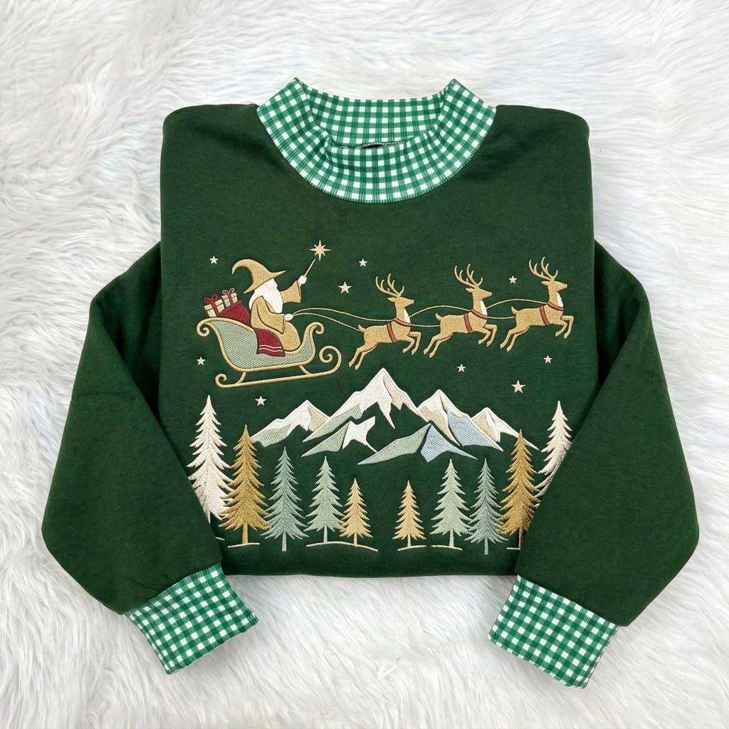 Santa Sleigh Gingham Mock Neck HFN Sweatshirt, Embroidered Christmas Mountain Crewneck, Reindeer Winter Forest Holiday Sweater