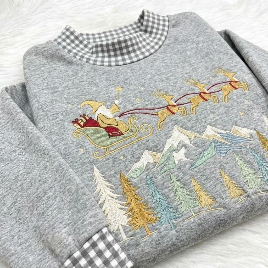 Santa Sleigh Gingham Mock Neck HFN Sweatshirt, Embroidered Christmas Mountain Crewneck, Reindeer Winter Forest Holiday Sweater