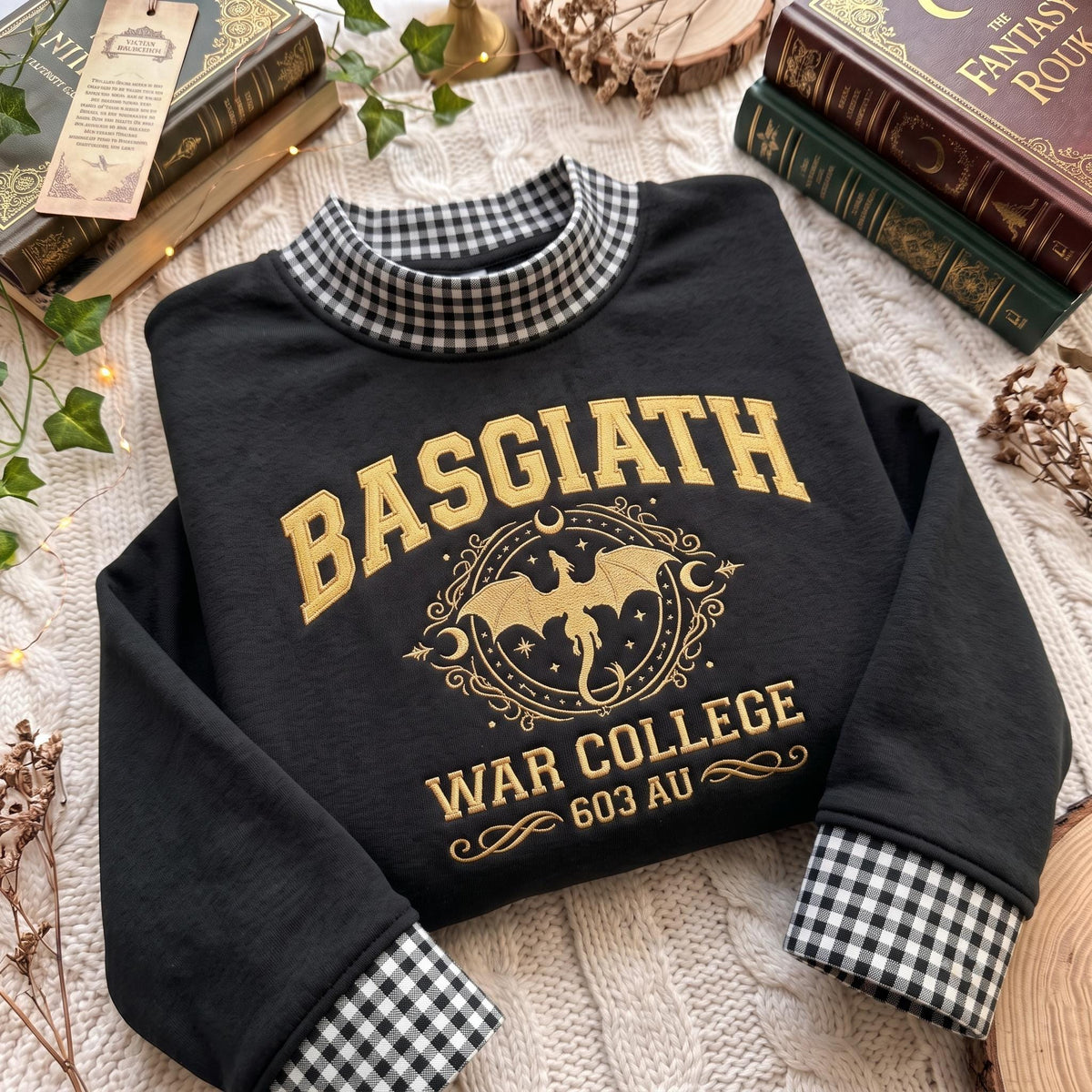 Basgiath War College Gingham Mock Neck HFN Sweatshirt, Embroidered Dragon Academy Shirt, Fantasy Bookish Gingham Collar Sweatshirt, Reader Gift