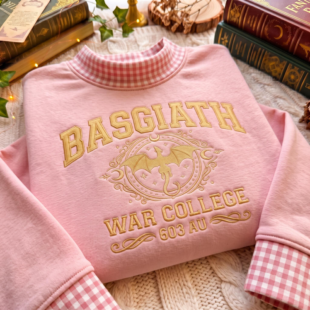 Basgiath War College Gingham Mock Neck HFN Sweatshirt, Embroidered Dragon Academy Shirt, Fantasy Bookish Gingham Collar Sweatshirt, Reader Gift