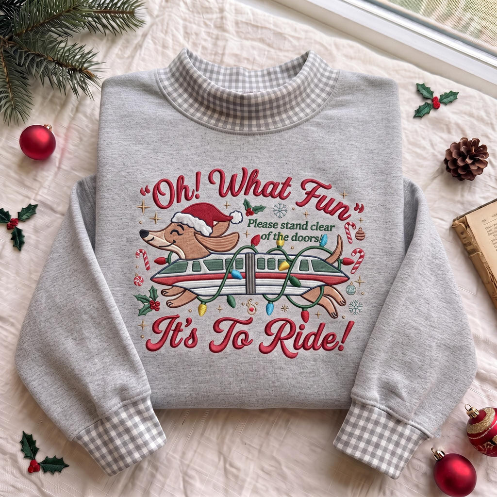 Oh What Fun Christmas Gingham Mock Neck HFN Sweatshirt, Gingham Collar Embroidered Crewneck, Funny Holiday Dog Monorail Christmas Sweater