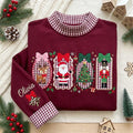Christmas Gingham Mock Neck HFN Sweatshirt, Personalized Embroidered Holiday Crewneck, Santa Reindeer Nutcracker , Custom Name Sleeve