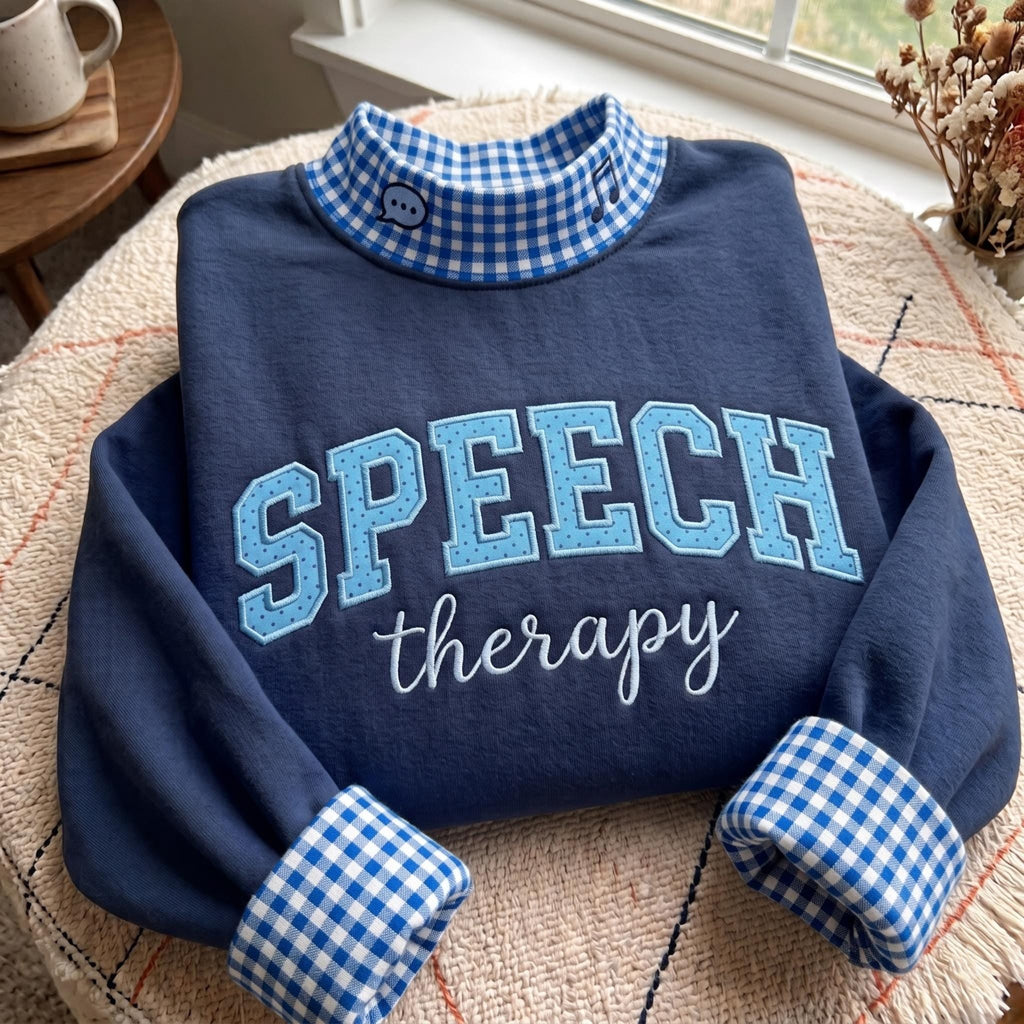 Speech Therapy Gingham Mock Neck HFN Sweatshirt, Embroidered SLP Pullover, Cute Speech Language Pathologist Gift, Therapist Outfit