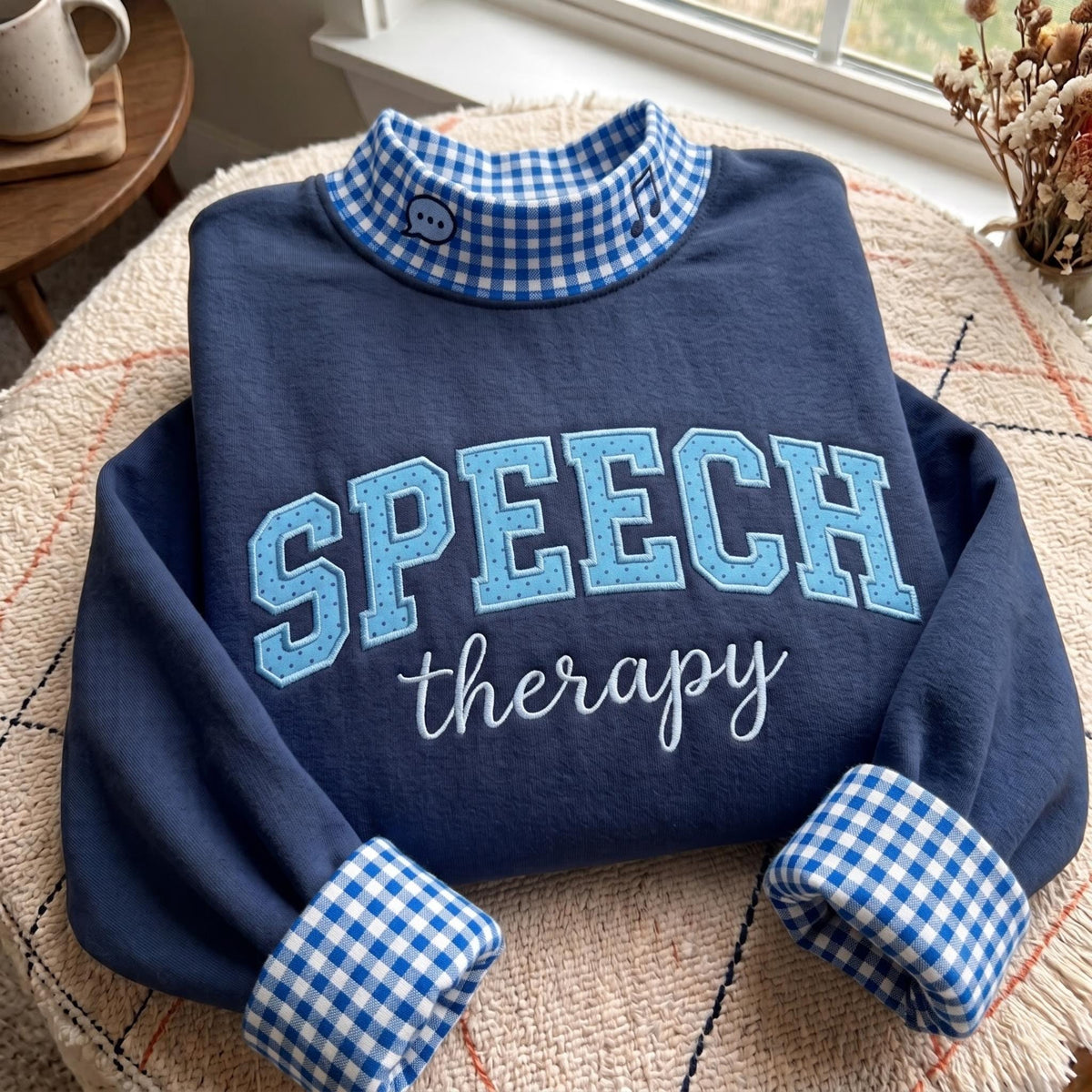 Speech Therapy Gingham Mock Neck HFN Sweatshirt, Embroidered SLP Pullover, Cute Speech Language Pathologist Gift, Therapist Outfit