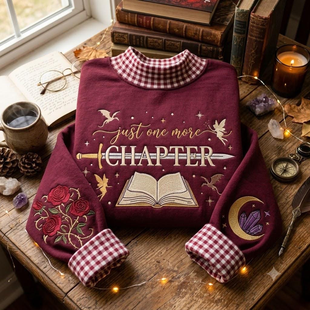 Just One More Chapter Gingham Mock Neck HFN Sweatshirt, Embroidered Book Lover Crewneck, Fantasy Reader Gift