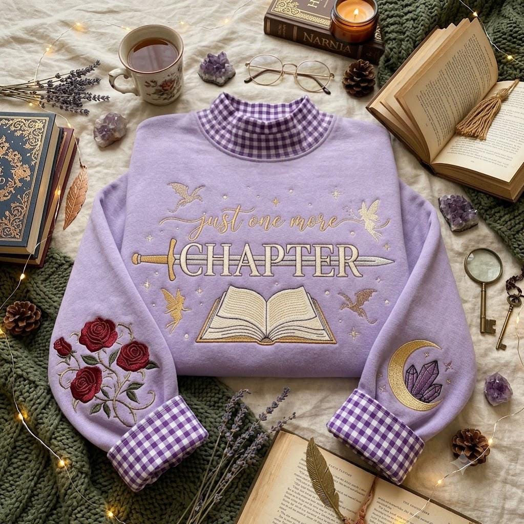 Just One More Chapter Gingham Mock Neck HFN Sweatshirt, Embroidered Book Lover Crewneck, Fantasy Reader Gift