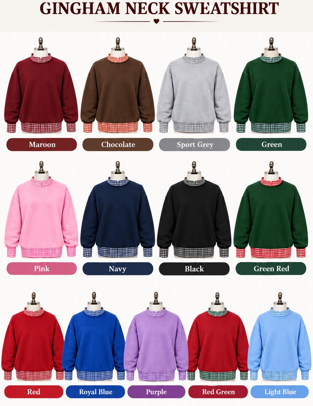 Christmas Character Embroidered Gingham Mock Neck HFN Sweatshirt, Holiday Postage Stamp Crewneck