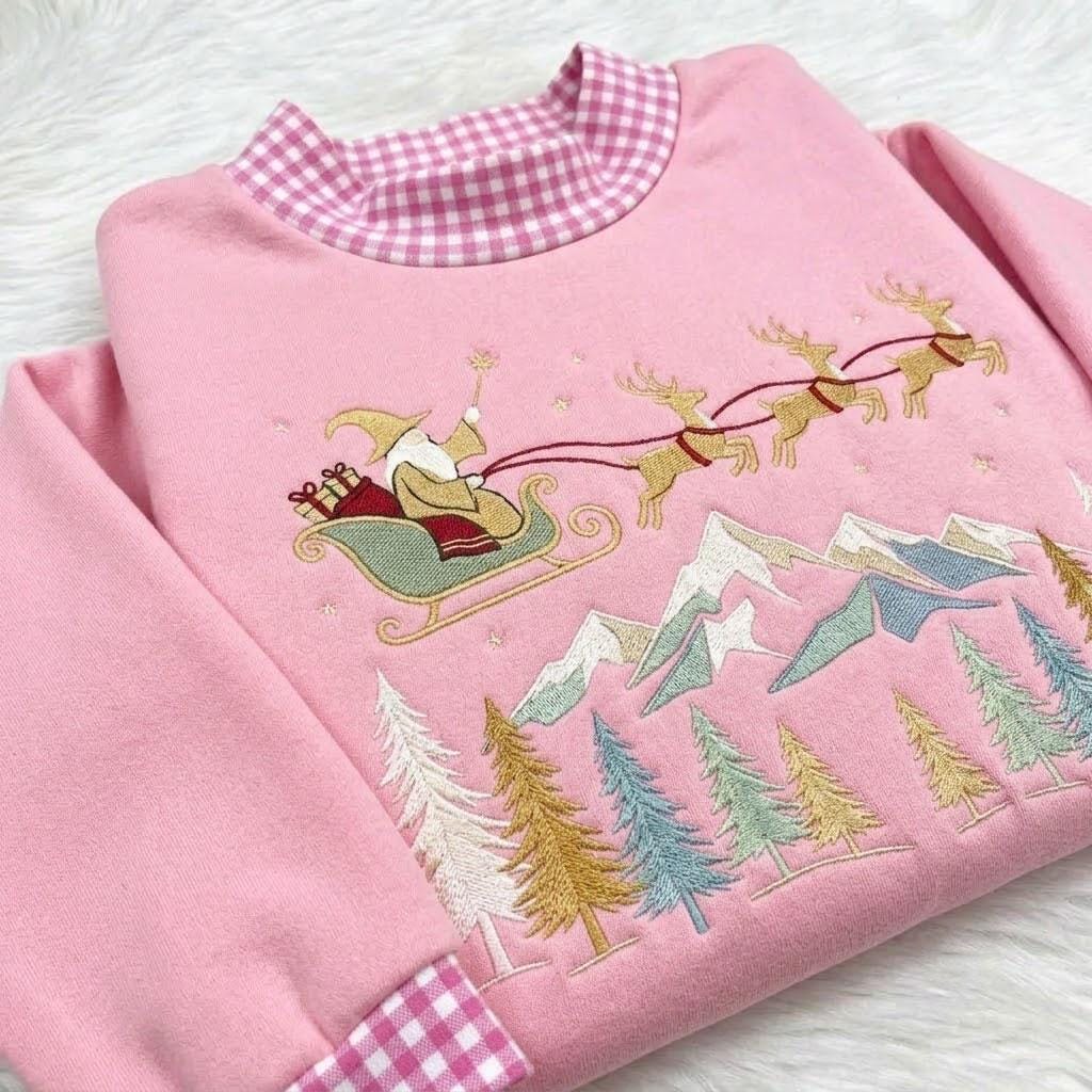 Santa Sleigh Gingham Mock Neck HFN Sweatshirt, Embroidered Christmas Mountain Crewneck, Reindeer Winter Forest Holiday Sweater