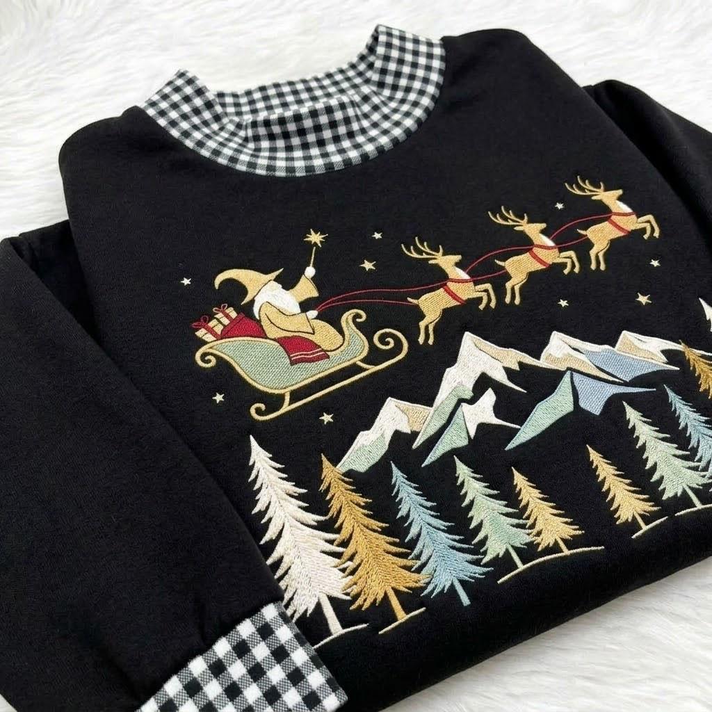 Santa Sleigh Gingham Mock Neck HFN Sweatshirt, Embroidered Christmas Mountain Crewneck, Reindeer Winter Forest Holiday Sweater