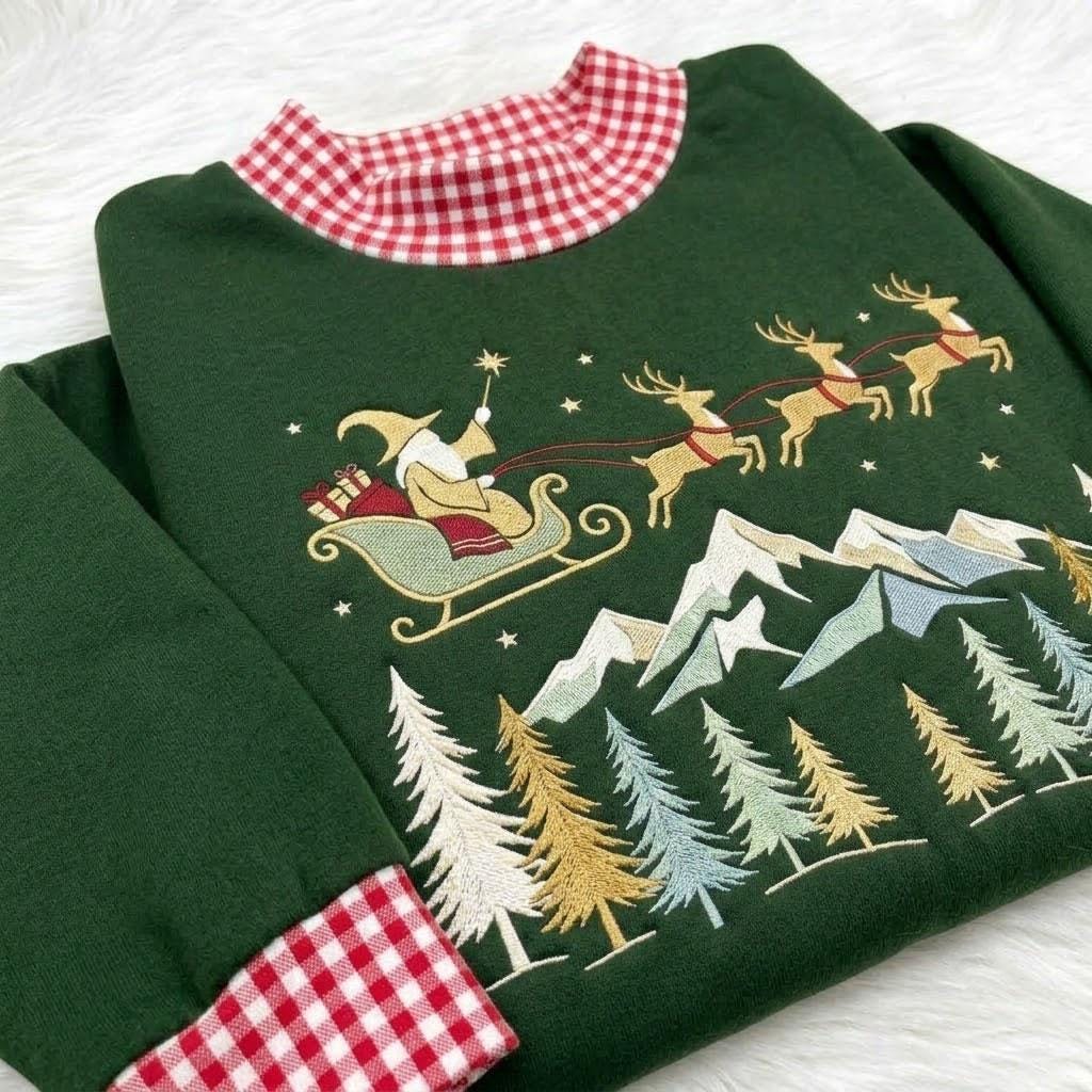 Santa Sleigh Gingham Mock Neck HFN Sweatshirt, Embroidered Christmas Mountain Crewneck, Reindeer Winter Forest Holiday Sweater