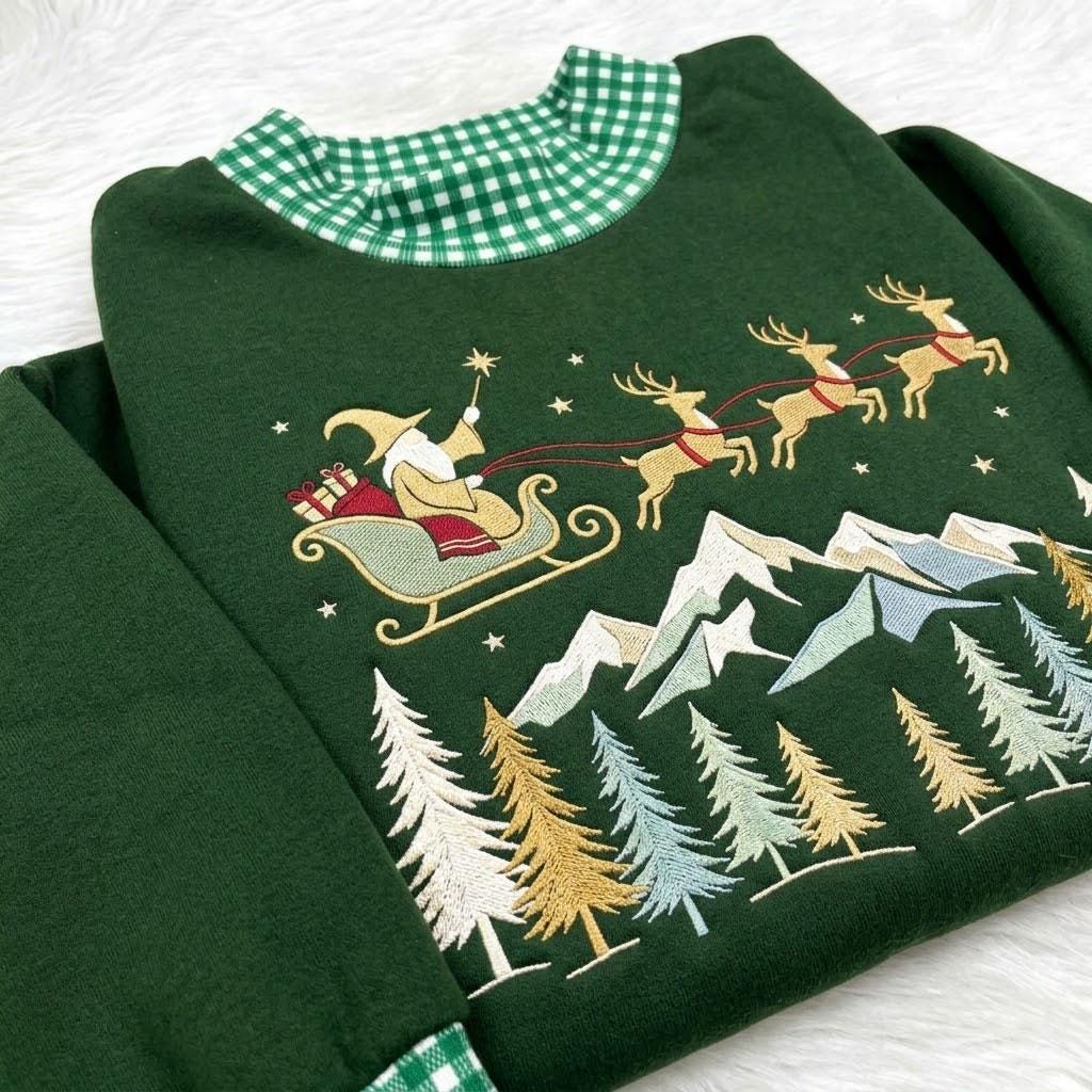 Santa Sleigh Gingham Mock Neck HFN Sweatshirt, Embroidered Christmas Mountain Crewneck, Reindeer Winter Forest Holiday Sweater