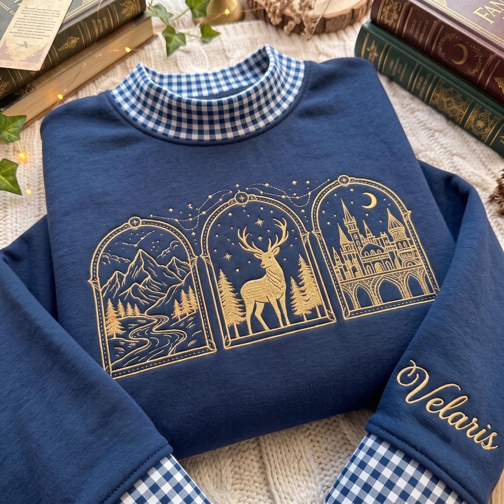 Embroidered Book Postcard Gingham Mock Neck HFN Sweatshirt, Court of Thorns And Roses Hoodie, Fantasy Book Lover Gift Crescent City Sweater