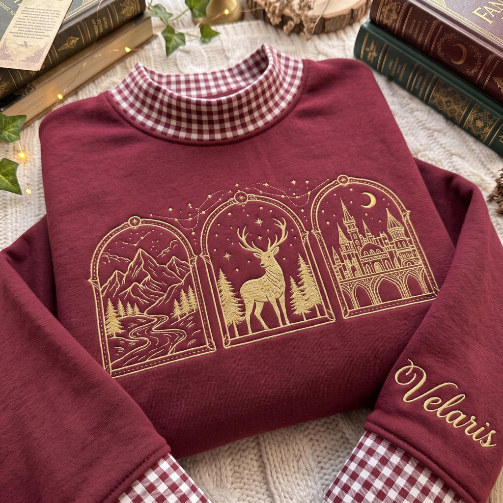 Embroidered Book Postcard Gingham Mock Neck HFN Sweatshirt, Court of Thorns And Roses Hoodie, Fantasy Book Lover Gift Crescent City Sweater