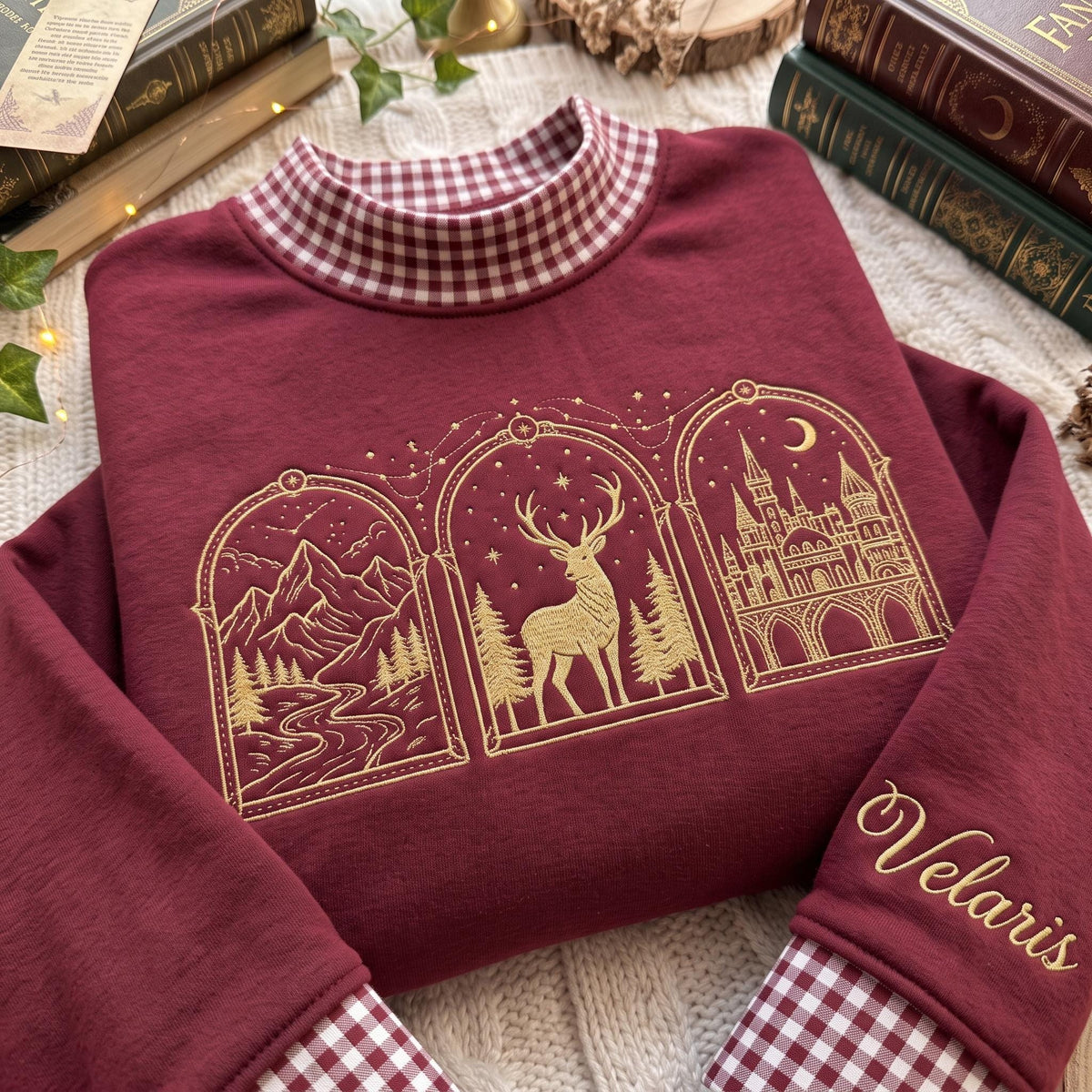 Embroidered Book Postcard Gingham Mock Neck HFN Sweatshirt, Court of Thorns And Roses Hoodie, Fantasy Book Lover Gift Crescent City Sweater
