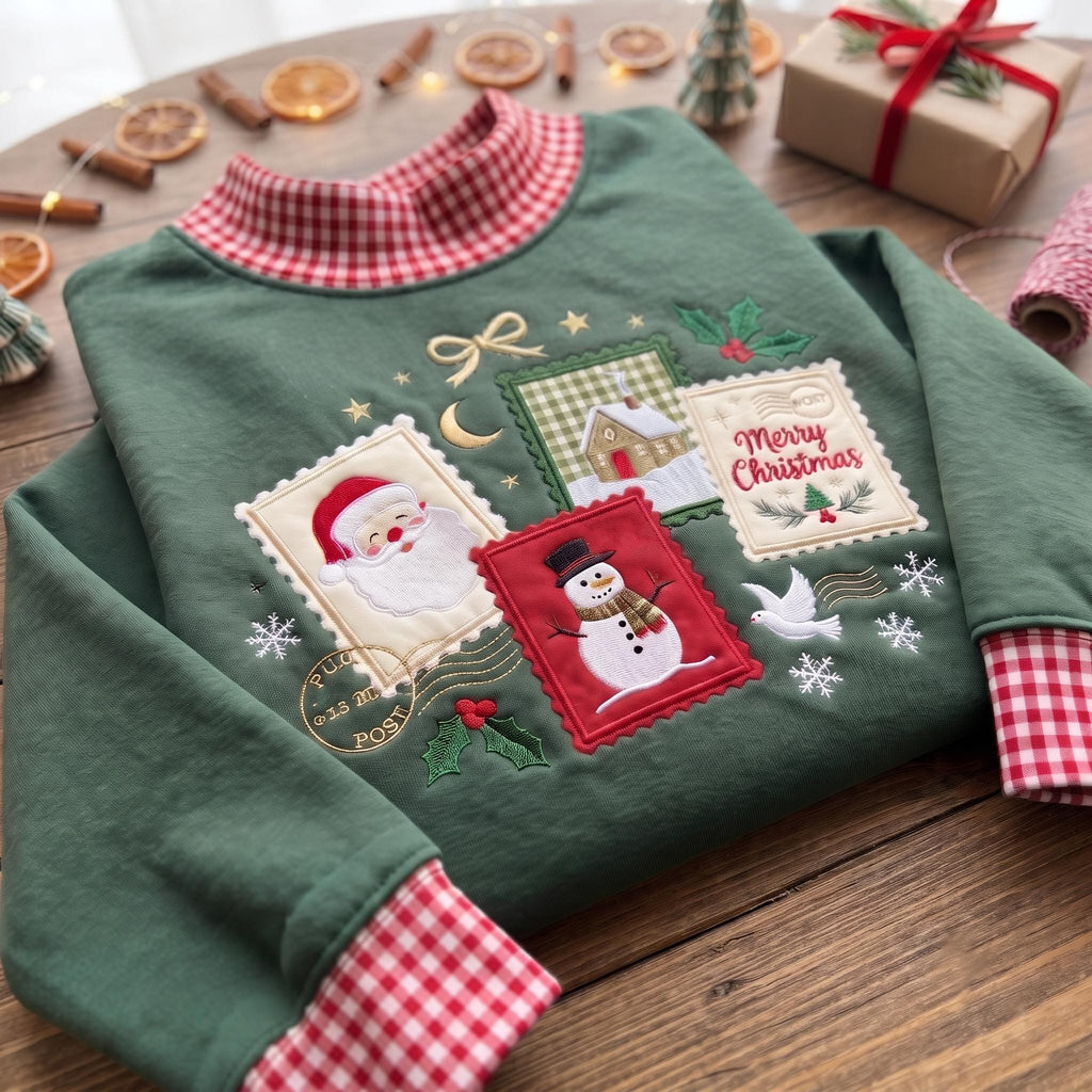 Christmas Postage Stamp Gingham Mock Neck HFN Sweatshirt, Embroidered Santa Snowman Holiday Postcard , Vintage Christmas Mail Crewneck