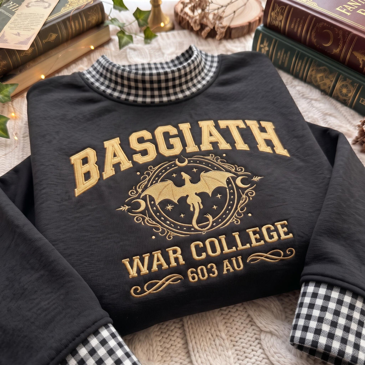 Basgiath War College Gingham Mock Neck HFN Sweatshirt, Embroidered Dragon Academy Shirt, Fantasy Bookish Gingham Collar Sweatshirt, Reader Gift