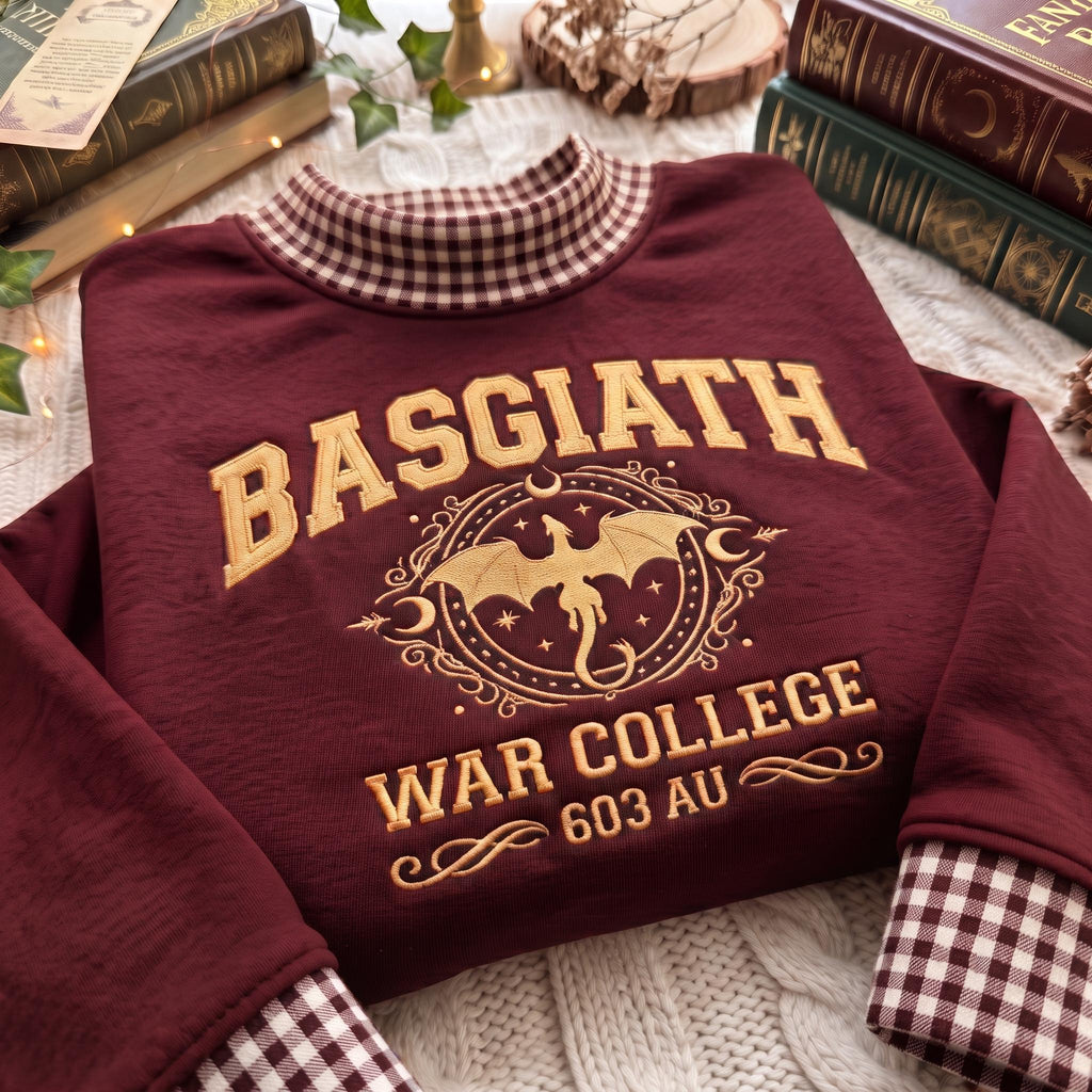 Basgiath War College Gingham Mock Neck HFN Sweatshirt, Embroidered Dragon Academy Shirt, Fantasy Bookish Gingham Collar Sweatshirt, Reader Gift