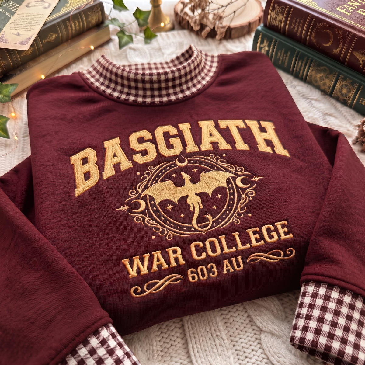 Basgiath War College Gingham Mock Neck HFN Sweatshirt, Embroidered Dragon Academy Shirt, Fantasy Bookish Gingham Collar Sweatshirt, Reader Gift