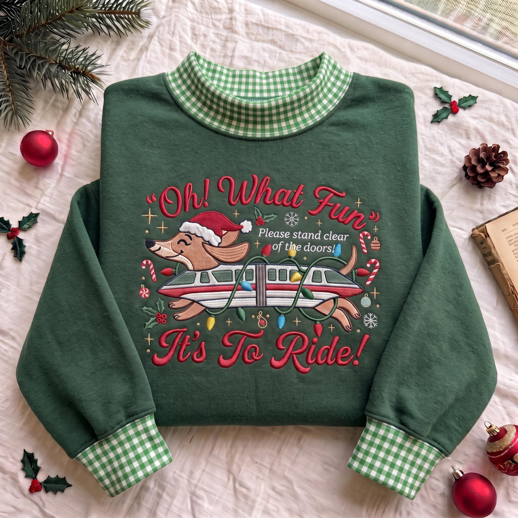 Oh What Fun Christmas Gingham Mock Neck HFN Sweatshirt, Gingham Collar Embroidered Crewneck, Funny Holiday Dog Monorail Christmas Sweater