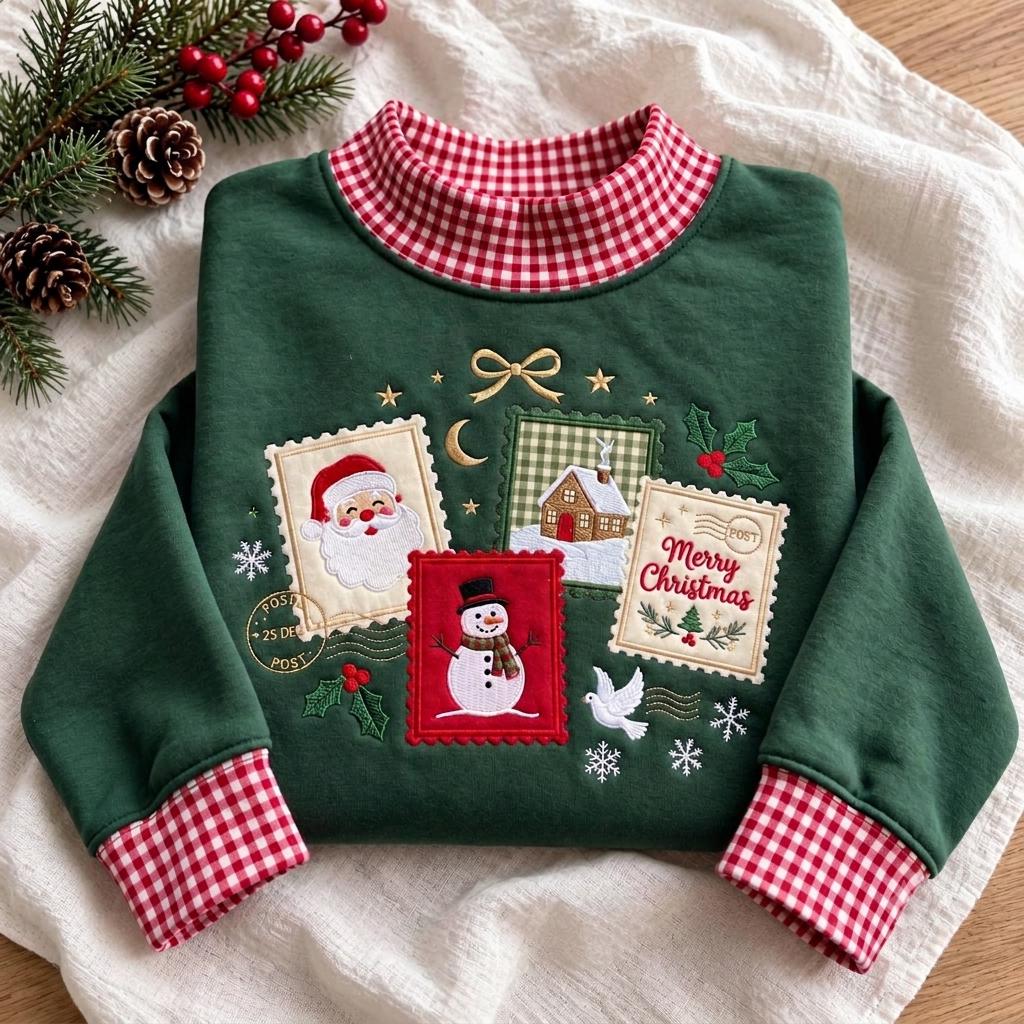 Christmas Postage Stamp Gingham Mock Neck HFN Sweatshirt, Embroidered Santa Snowman Holiday Postcard , Vintage Christmas Mail Crewneck