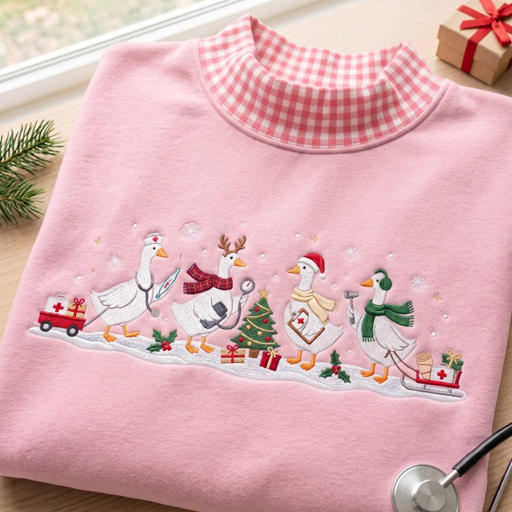 Christmas Goose Gingham Mock Neck HFN Sweatshirt, Embroidered Nurse Goose Holiday Sweater, Cute Medical Christmas Crewneck
