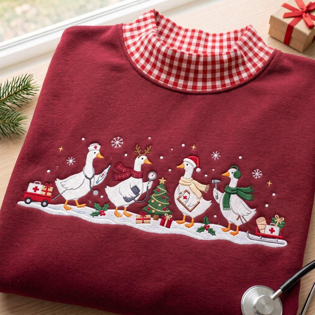 Christmas Goose Gingham Mock Neck HFN Sweatshirt, Embroidered Nurse Goose Holiday Sweater, Cute Medical Christmas Crewneck