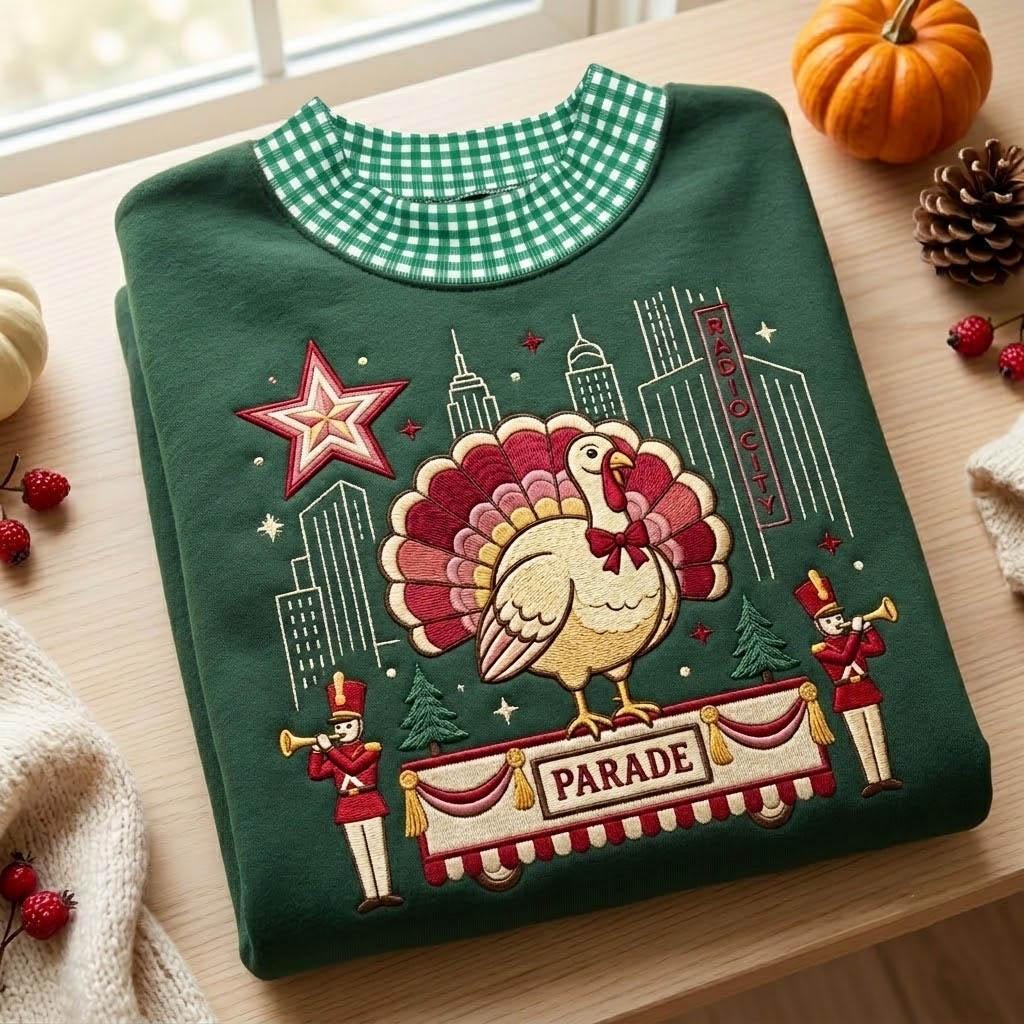 Thanksgiving Parade Gingham Mock Neck HFN Sweatshirt, Embroidered Turkey Float and NYC Skyline, Vintage Holiday Sweater