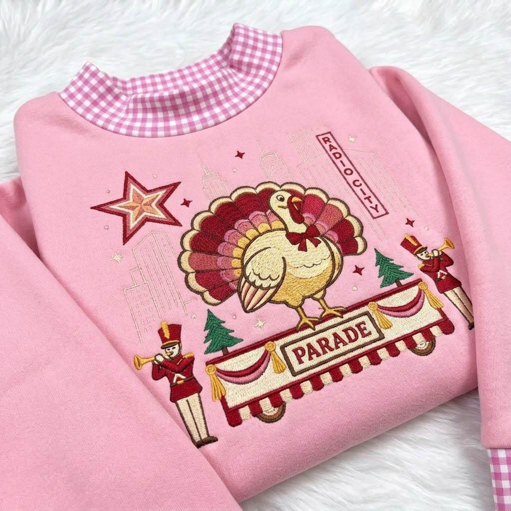 Thanksgiving Parade Gingham Mock Neck HFN Sweatshirt, Embroidered Turkey Float and NYC Skyline, Vintage Holiday Sweater