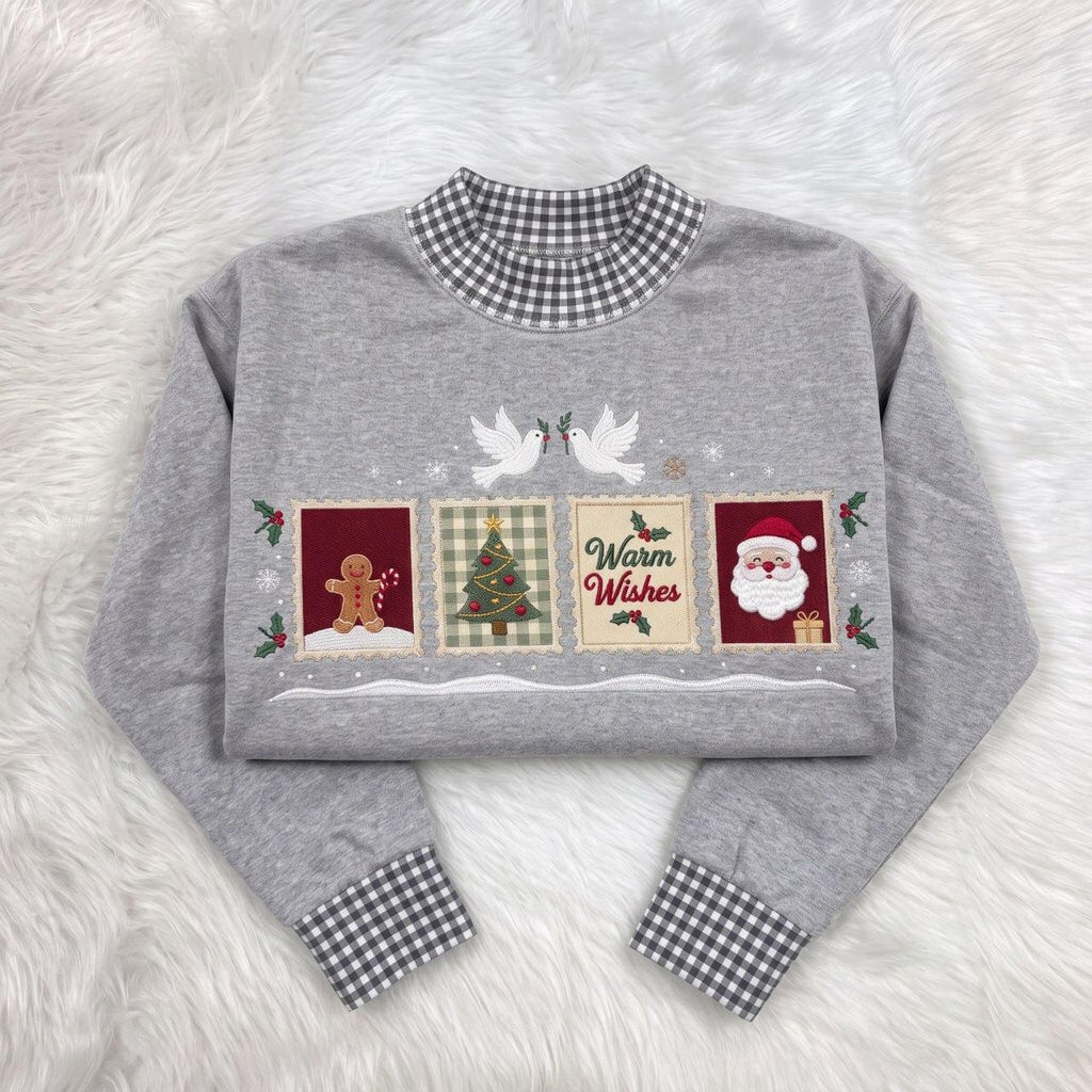 Gingham Mock Neck HFN Sweatshirt, Christmas Embroidered Postage Stamps, Vintage Santa and Gingerbread Holiday Sweater