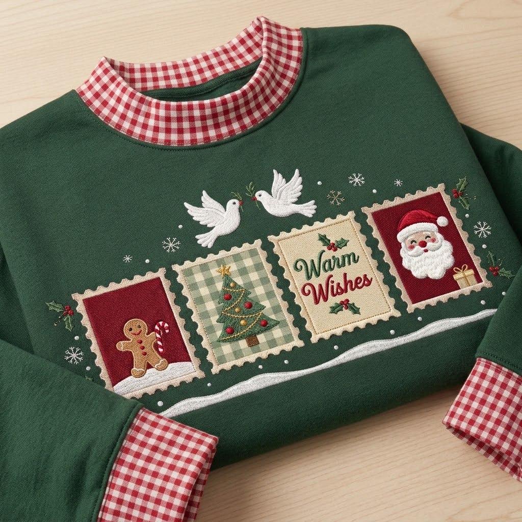 Gingham Mock Neck HFN Sweatshirt, Christmas Embroidered Postage Stamps, Vintage Santa and Gingerbread Holiday Sweater