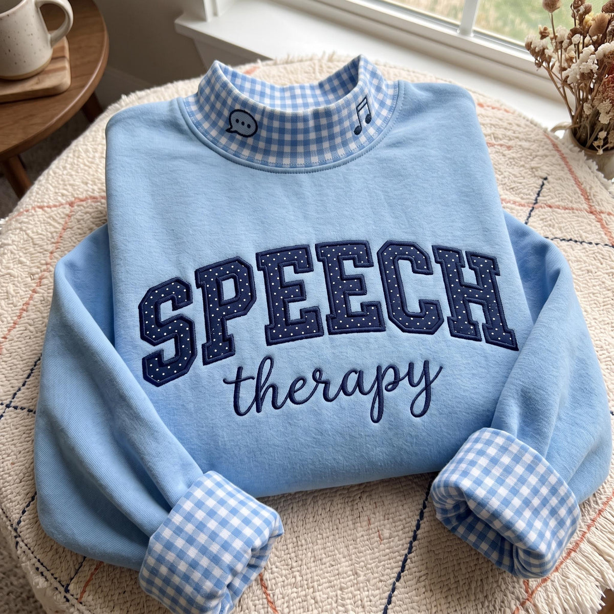 Speech Therapy Gingham Mock Neck HFN Sweatshirt, Embroidered SLP Pullover, Cute Speech Language Pathologist Gift, Therapist Outfit