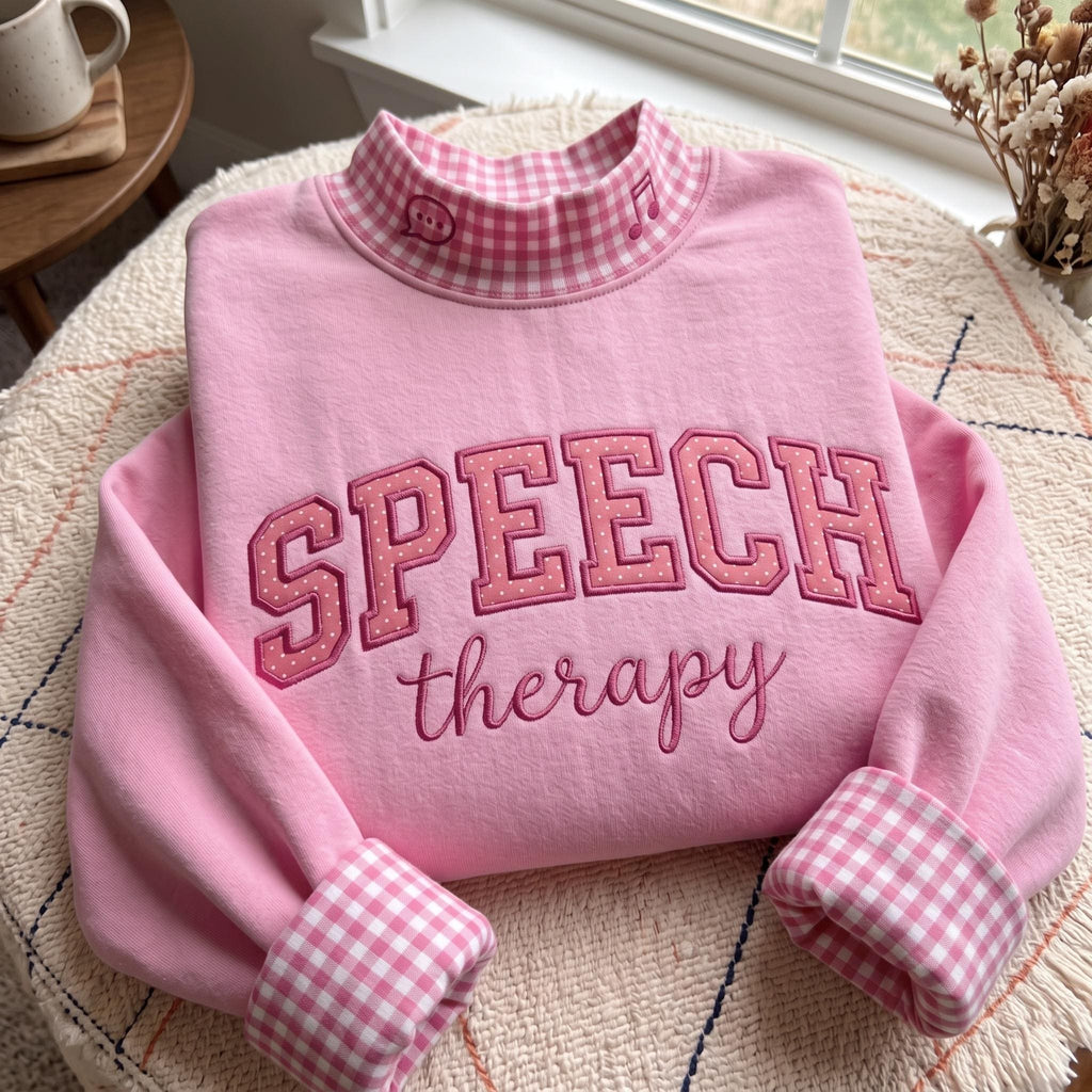 Speech Therapy Gingham Mock Neck HFN Sweatshirt, Embroidered SLP Pullover, Cute Speech Language Pathologist Gift, Therapist Outfit
